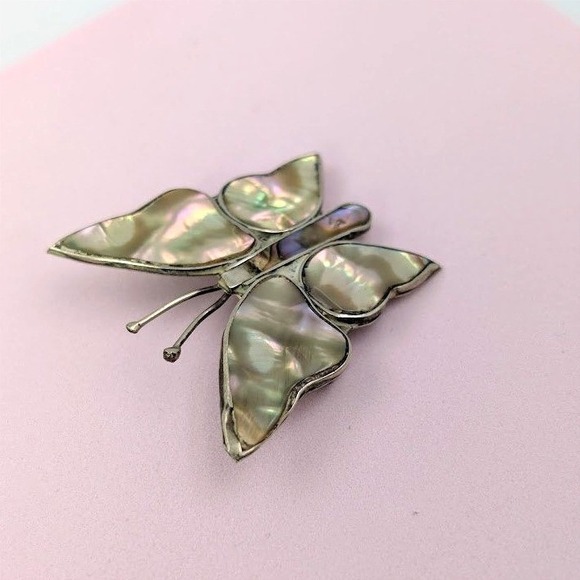 VTG Mexico Butterfly Brooch Iridescent Abalone Silver Tone Whimsy Fairy - Picture 4 of 10